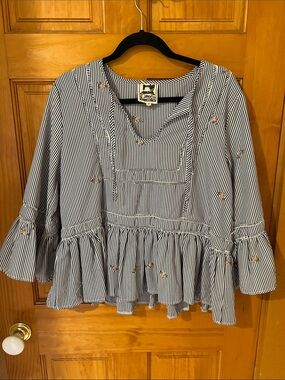 Jaase Navy & White Striped Ruffle Peasant Blouse